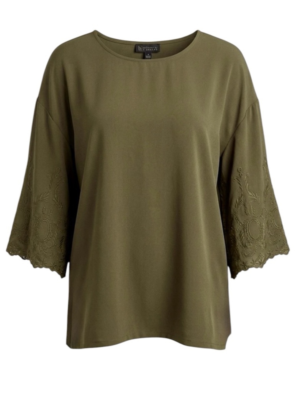 Bobeau Embroidered Statement Sleeve Boho-Chic Army Green Crepe Blouse Size 1X